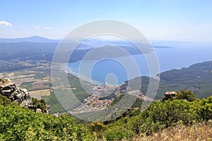 Akyaka cityscape from sakartepe with aegean sea and mountains photo