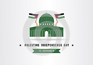 Al-Aqsa Mosque with hand holding flag. Palestine Independent Day. Save Gaza, save Palestine template background, poster, slogan, t