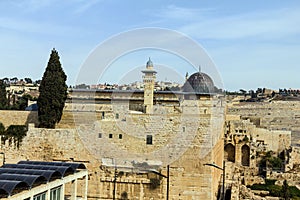 Al Aqsa Mosque, the third holiest site in Islam, with Mount of Olives in the background in Jerusalem, Israel. photo