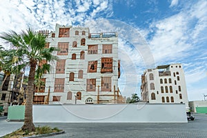 Al-Balad old town with traditional muslim houses with wooden windows and balconies, Jeddah, Saudi Arabia