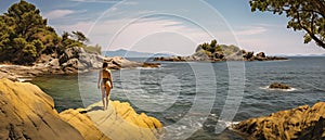 al create images of Young woman wearing a swimsuit stand on surfboard At the Green Island viewpoint