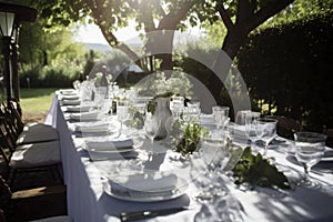 al fresco dining experience, with white tablecloth and delicate china plates and silverware