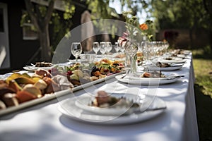 al fresco dining experience, with white tablecloth and delicate china plates and silverware