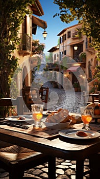 Al fresco dining at a Mediterranean restaurant, an inviting outdoor dinner setting