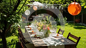 Al fresco dining setup with festive balloons in a garden