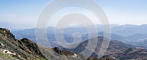 Al Hada Mountain in Taif City, Saudi Arabia with Beautiful View of Mountains and Al Hada road inbetween the mountains. photo