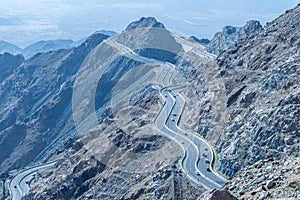 Al Hada Mountain in Taif City, Saudi Arabia with Beautiful View of Mountains and Al Hada road inbetween the mountains. photo