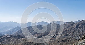 Al Hada Mountain in Taif City, Saudi Arabia with Beautiful View of Mountains and Al Hada road inbetween the mountains.