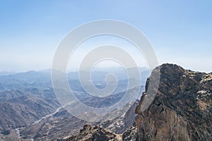 Al Hada Mountain in Taif City, Saudi Arabia with Beautiful View of Mountains and Al Hada road inbetween the mountains. photo