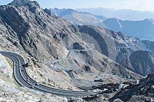 Al Hada Mountain in Taif City, Saudi Arabia with Beautiful View of Mountains and Al Hada road inbetween the mountains. photo