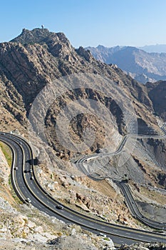 Al Hada Mountain in Taif City, Saudi Arabia with Beautiful View of Mountains and Al Hada road inbetween the mountains.