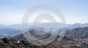 Al Hada Mountain in Taif City, Saudi Arabia with Beautiful View of Mountains and Al Hada road inbetween the mountains. photo