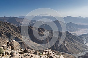 Al Hada Mountain in Taif City, Saudi Arabia with Beautiful View of Mountains and Al Hada road inbetween the mountains. photo