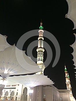 Al-Masjid an-Nabawi at night with lights - Prophet\'s Mosque - Islamic pilgrim site