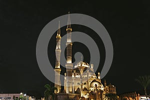 Al Mustafa Mosque in the Old Town of Sharm El Sheikh. Square near mosque at night time
