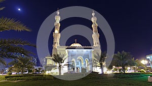 Al Noor Mosque in Sharjah at night timelapse hyperlapse. United Arab Emirates