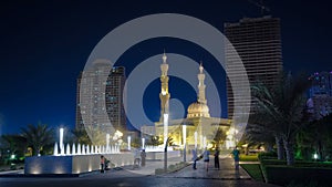 Al Noor Mosque in Sharjah at night timelapse. United Arab Emirates