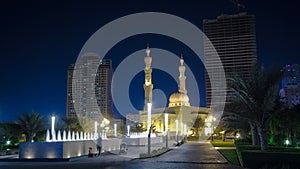 Al Noor Mosque in Sharjah at night timelapse. United Arab Emirates