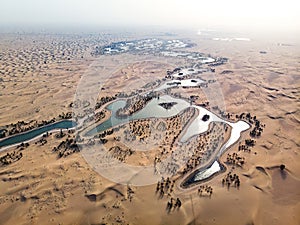 Al Qudra lakes in Dubai desert aerial view photo