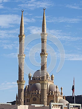 Al-Sahaba mosque in Sharm El Sheikh. Two minarets on blue sky background