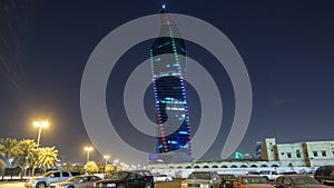 Al Tijaria Tower in Kuwait City night timelapse hyperlapse. Kuwait, Middle East