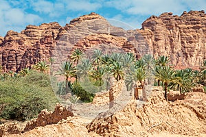 Al Ula ruined old town streets with palms along the road, Saudi Arabia photo
