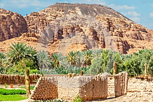 Al Ula ruined old town streets with palms and mountain in the background, Saudi Arabia photo