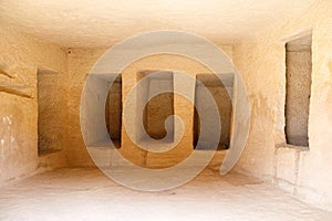 Al Ula, Saudi Arabia, February 19 2020: Burial chamber carved in stone in the tombs of Jabal Al Banat