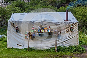 ALA KUL, KYRGYZSTAN - JULY 16, 2018: Bar in a tourist camp near Ala Kul lake in Kyrgyzst