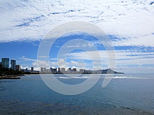 Ala Moana Beach Park with buildings of Honolulu, Waikiki and iconic Diamondhead in the distance during a beautiful day