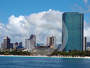 Ala Moana Beach Park with office building and condos in the back