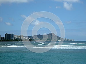 Ala Moana surf and Diamondhead during the day with hotels and Condos along the shore