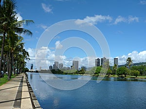 Ala Wai Canal, hotels, Condos, Golf Course and Coconut trees on