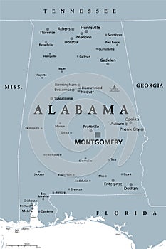 Alabama, AL, gray political map, US state, The Yellowhammer State