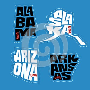 Alabama, Alaska, Arizona, Arkansas state names distorted into state outlines. Pop art style vector illustration.