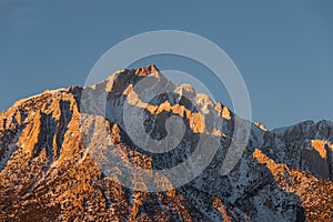 Panorama of Glowing Lone Pine Peak and Mount Whitney Sunrise, Alabama Hills, Lone Pine, California