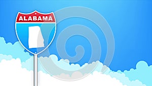 Alabama map on road sign. Welcome to State of Louisiana. Motion graphics.