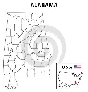Alabama Map. State and district map of Alabama. Administrative and political map of Alabama with outline and black and white