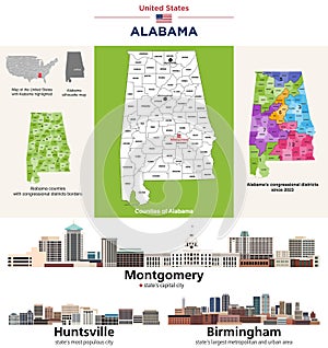 Alabama\'s counties map and congressional districts since 2023 map. Skylines of Montgomery, Huntsville and Birmingham