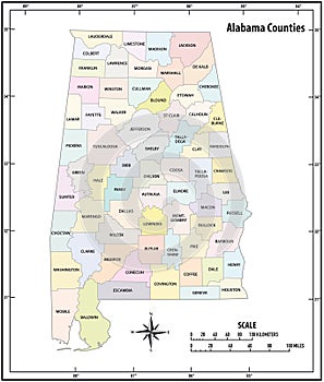 Alabama state outline administrative and political vector map in color