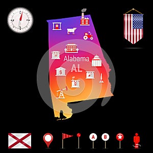 Alabama Vector Map, Night View. Compass Icon, Map Navigation Elements. Pennant Flag of the USA. Industries Icons