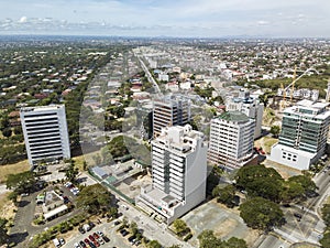 Alabang, Muntinlupa, Philippines - Aerial of Madrigal Business Park, and further behind, Ayala Alabang Village and TS