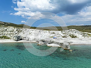 Alacati Beach in Cesme Town, Delikli koy aerial view with drone photo