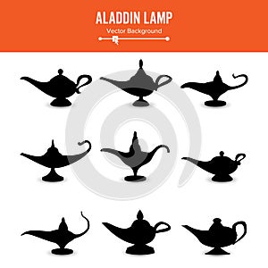 Aladdin lamp Vector. Set Icons Aladdins lamp Signs. Illustration Of Wish And Mystery Souvenir