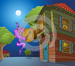 Aladdin magic lamp purple genie ramadan drummer old houses street avenue bakery night mosque Ramadan