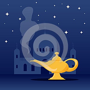 Aladdin's magic lamp. Aladdin's magic lamp icon with genie. Vector illustration.