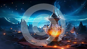 Aladdins mysterious lamp with glowing fire and smoke on magical night sky and desert background