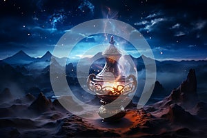 Aladdins mysterious lamp with glowing fire and smoke on magical night sky and desert background. Generative AI