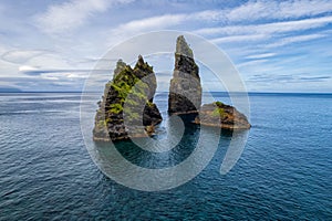 Alagoa Bay, amazing beach on Flores Island in Azores, Portugal. Seascape or costal landscape in a travel destination and tourist a