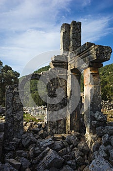 Alakilise ruins along Lycian way hiking trail, wall with arch remains of Alakilise or Church of the Angel Gabriel in Lycia